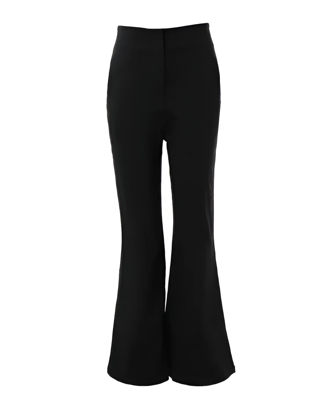 Le pantalon est noir et possède une coupe évasée. Il est taille haute et possède des poches sur les côtés.