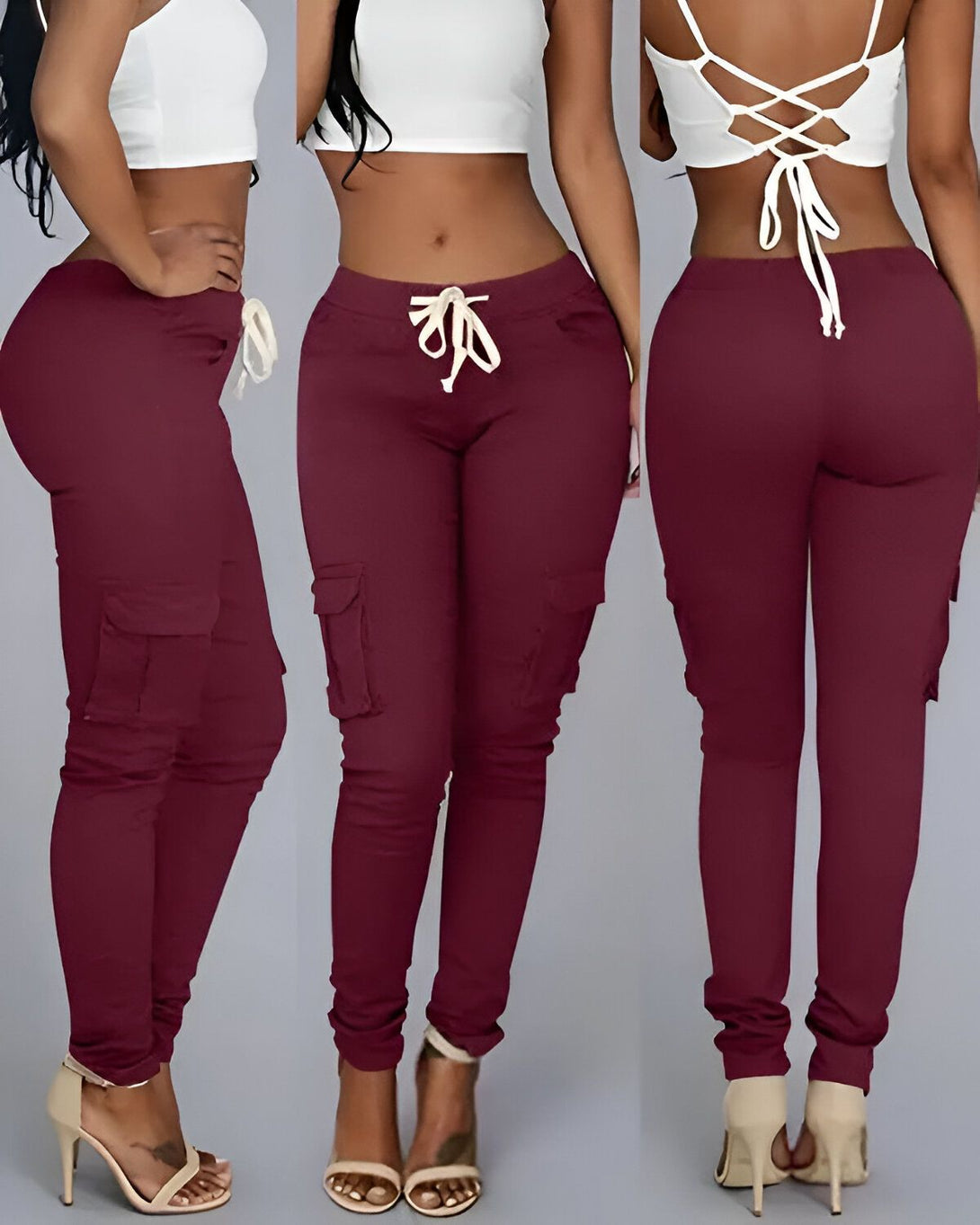 Une femme porte un pantalon cargo bordeaux moulant avec un haut blanc. Le pantalon a une taille haute et des poches cargo sur les côtés. La femme est vue de face, de dos et de profil.