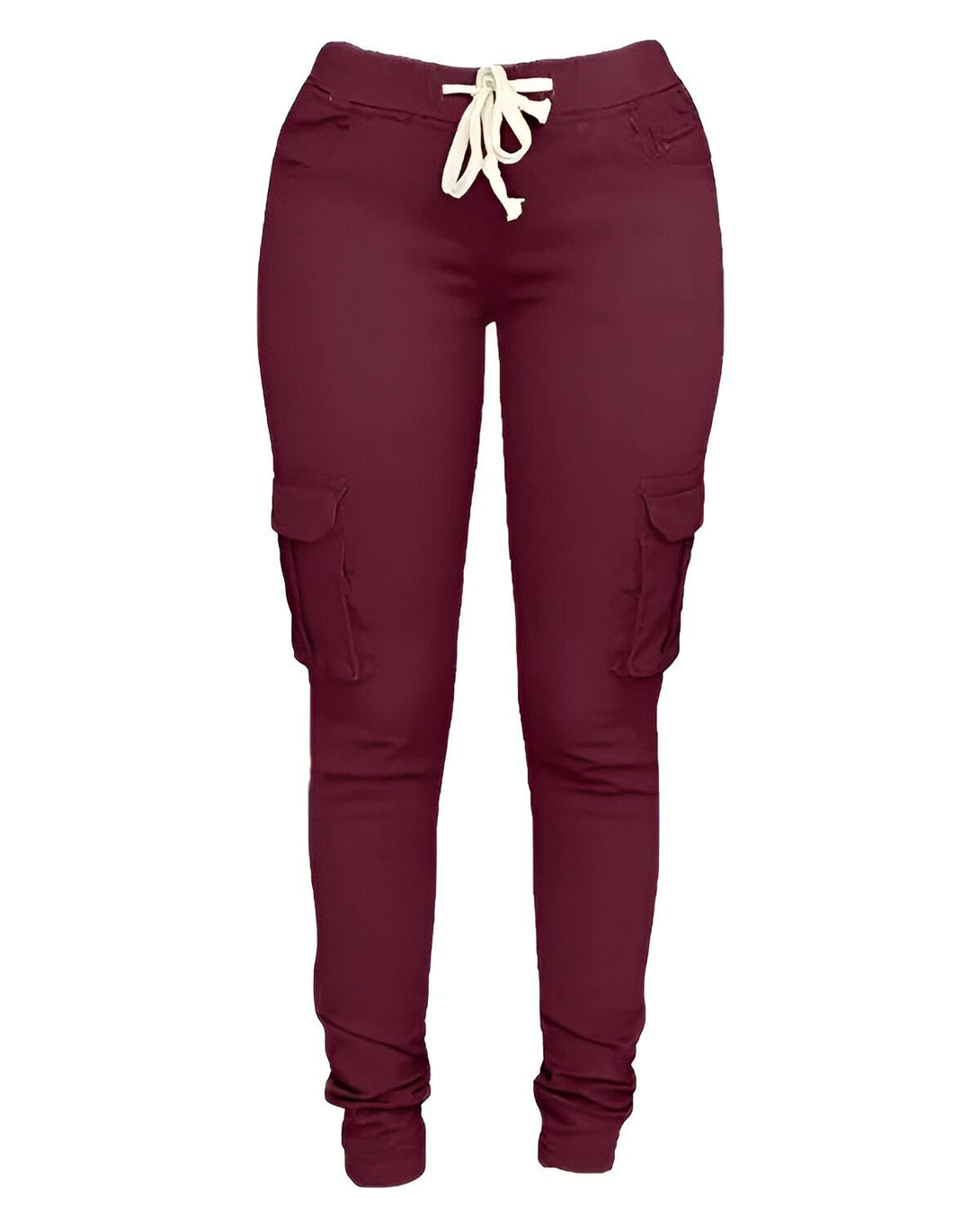 Un pantalon cargo taille haute de couleur bordeaux avec des poches sur les côtés.