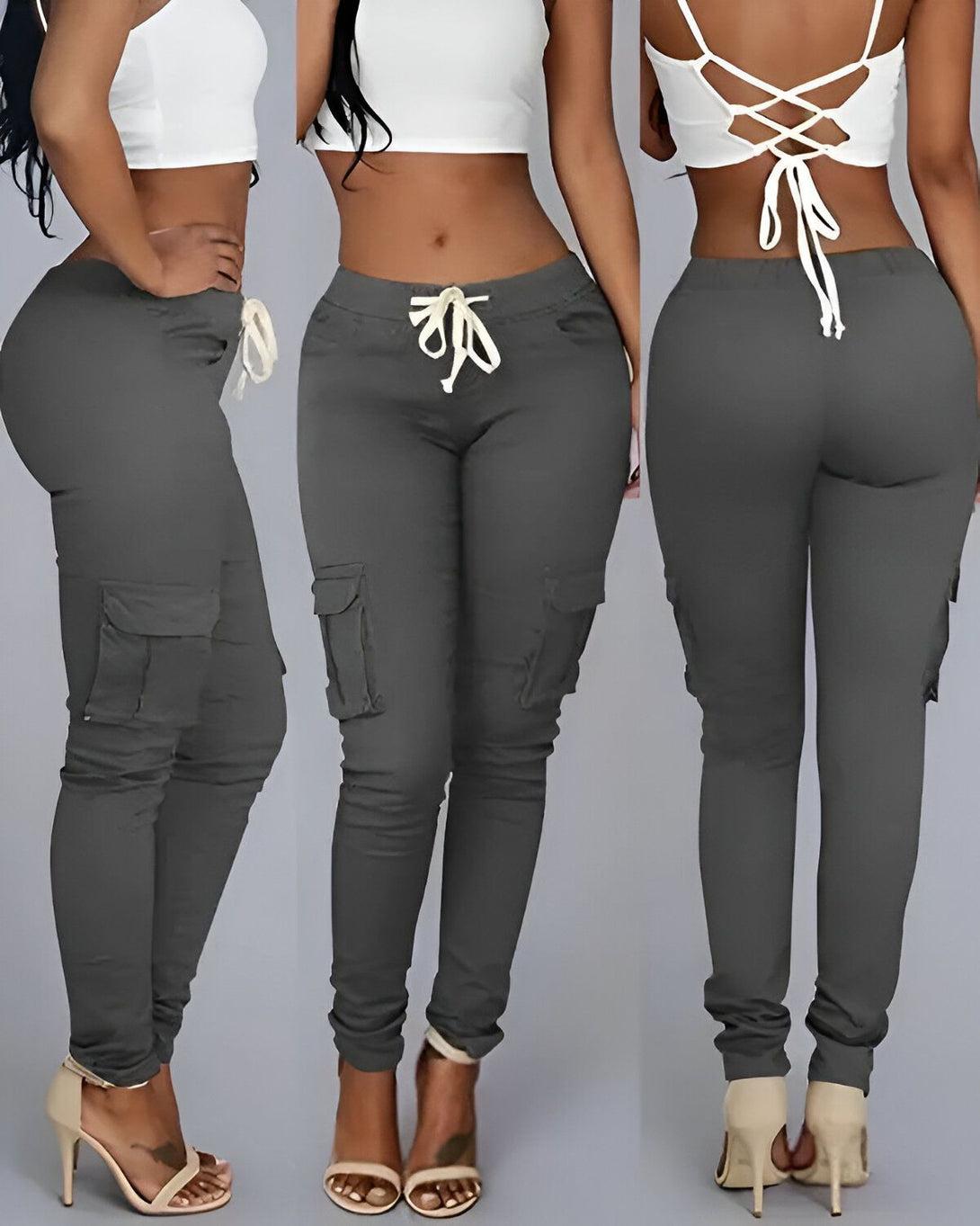 Une femme porte un pantalon cargo gris moulant avec des talons hauts beiges. Le pantalon a une taille haute et des poches cargo sur les côtés. La femme est vue de face, de dos et de profil.