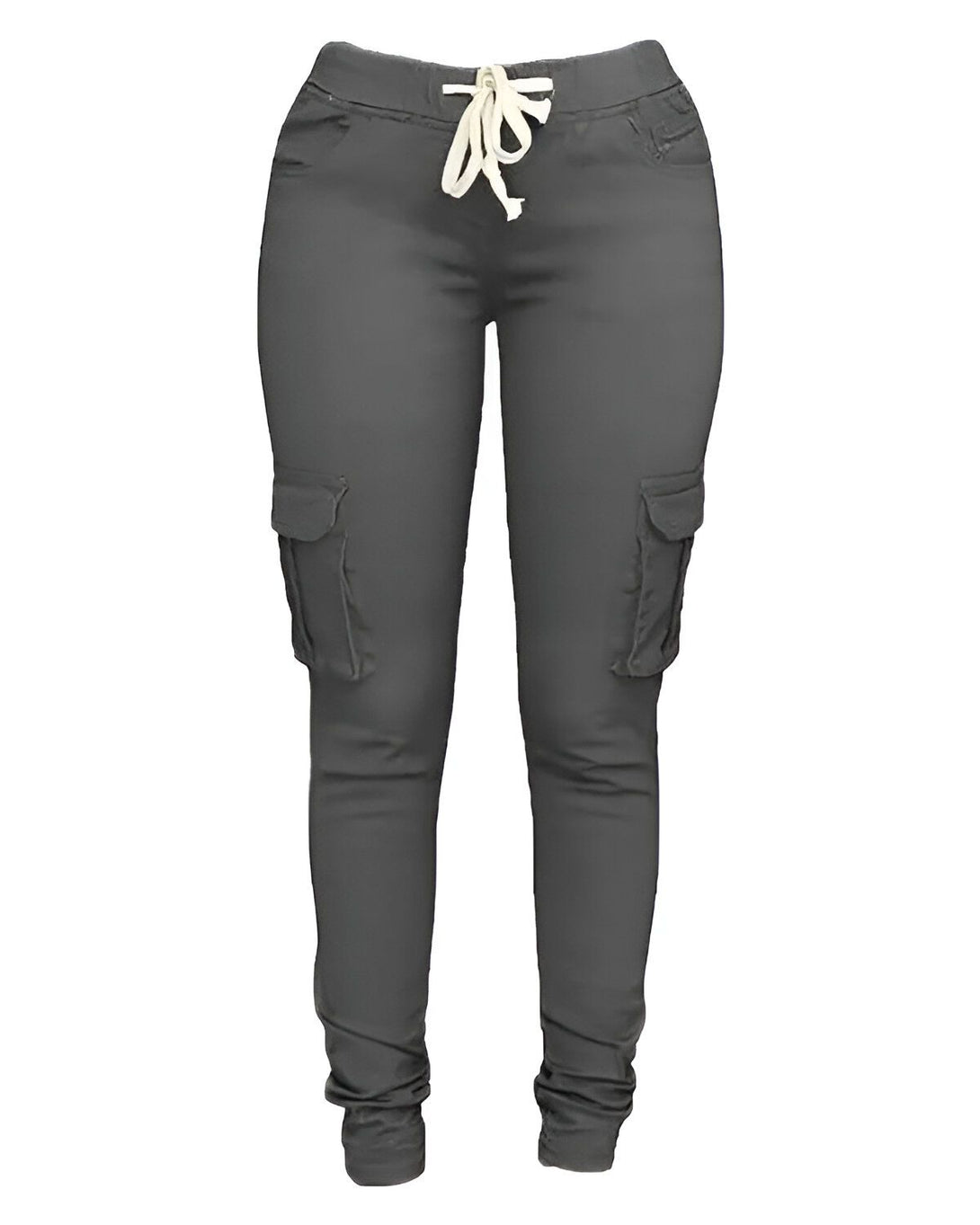 Une image d'un pantalon cargo gris taille haute pour femme avec des poches sur les côtés.