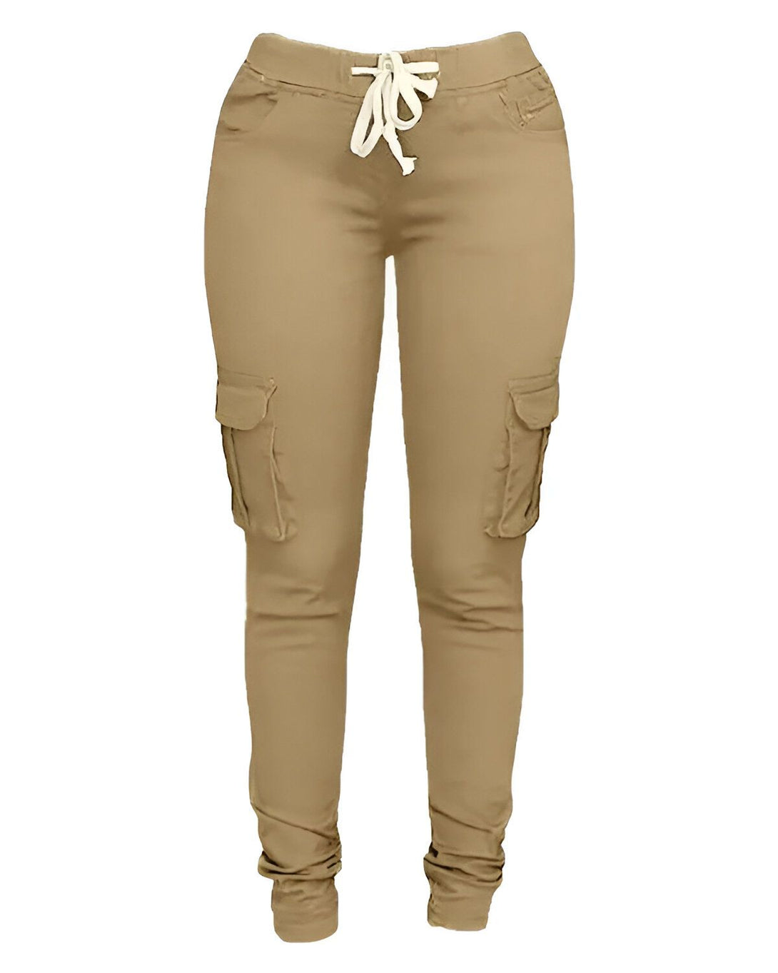 Une image d'un pantalon cargo beige pour femme avec des poches sur les côtés.