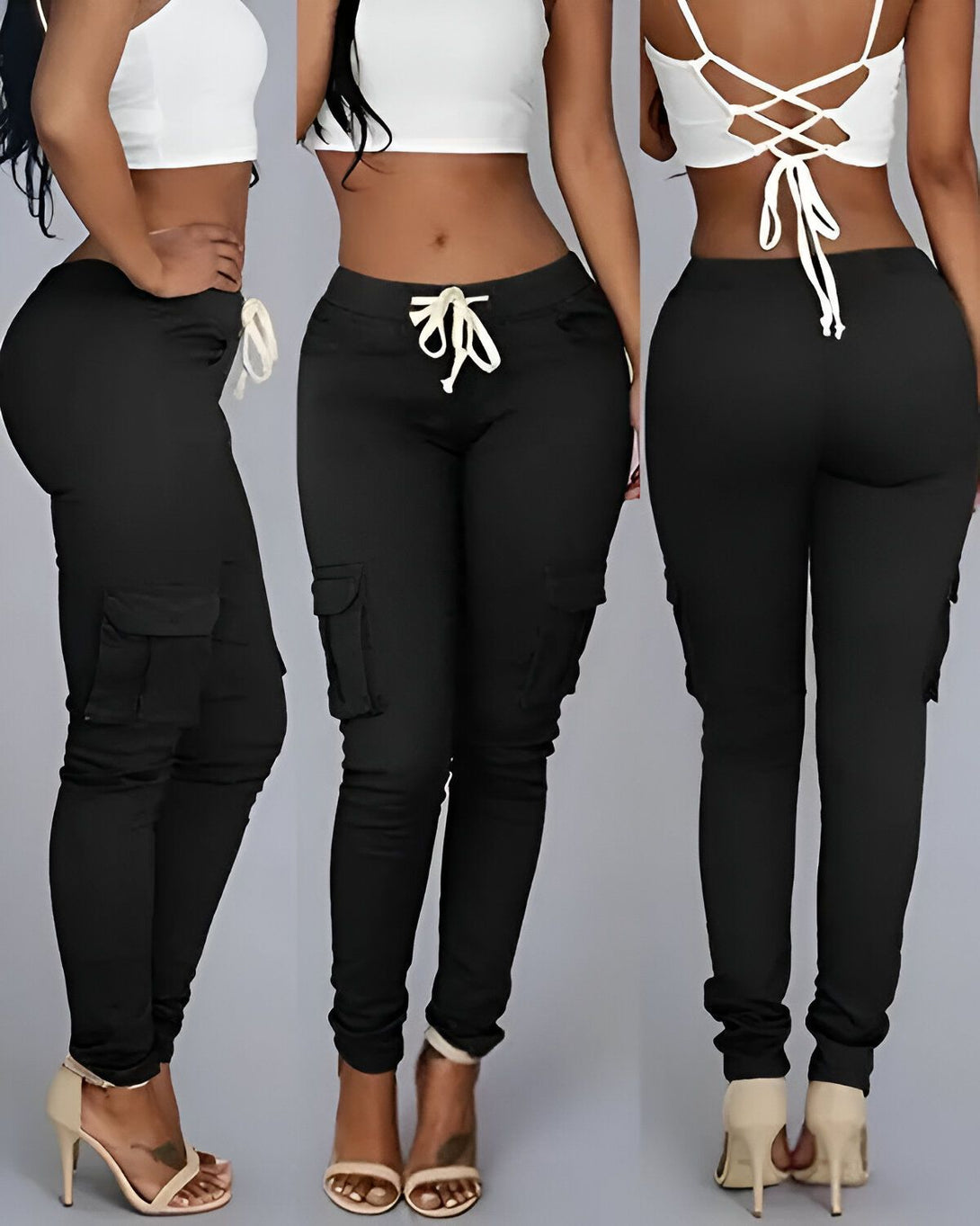 Une femme porte un pantalon cargo noir moulant avec des talons hauts beiges. Le pantalon a une taille haute et des poches cargo sur les côtés. La femme est vue de face, de dos et de profil.