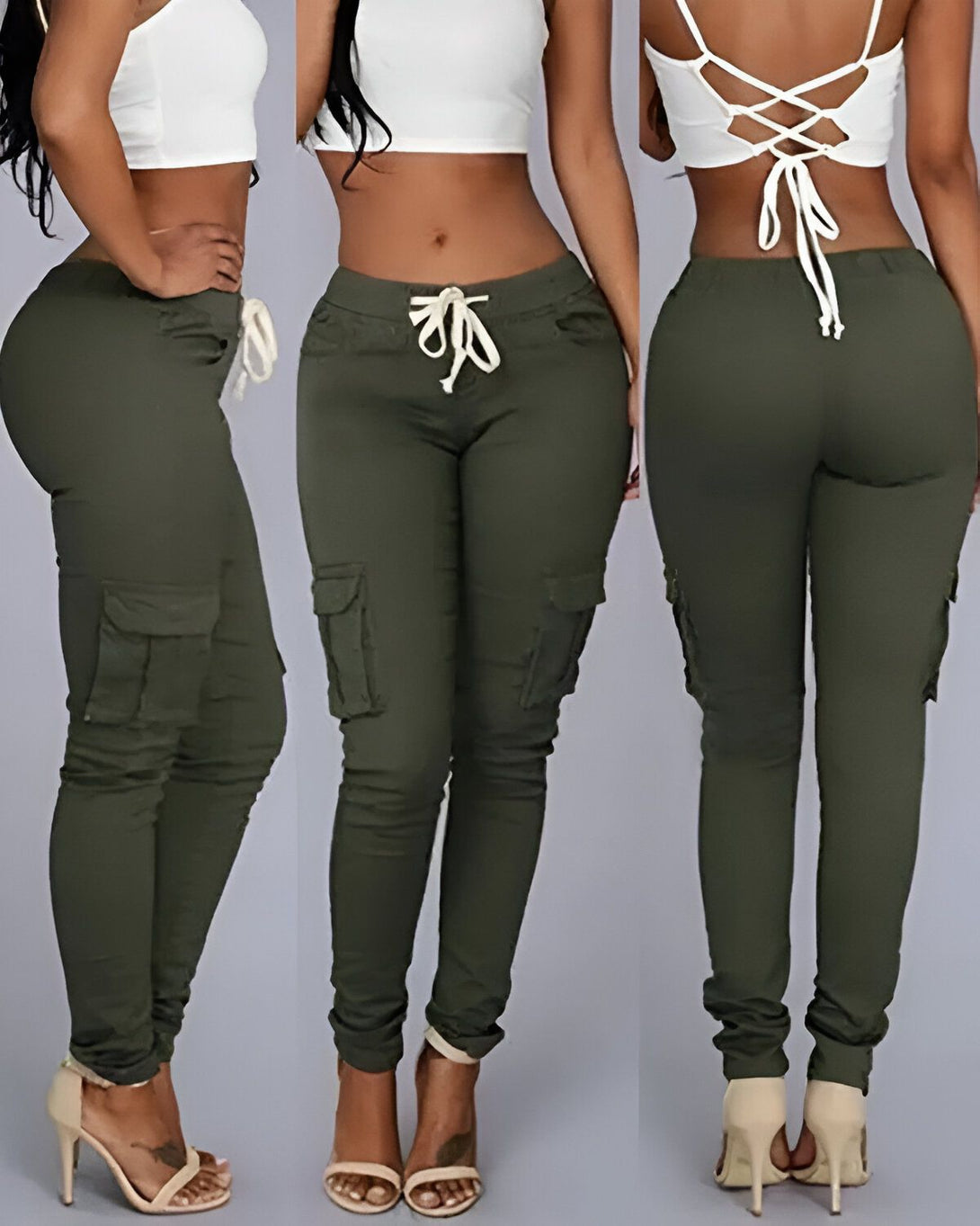 Une femme porte un pantalon cargo vert olive moulant à taille haute avec des poches cargo sur les côtés. Le pantalon est porté avec un crop top blanc et des talons hauts beiges.