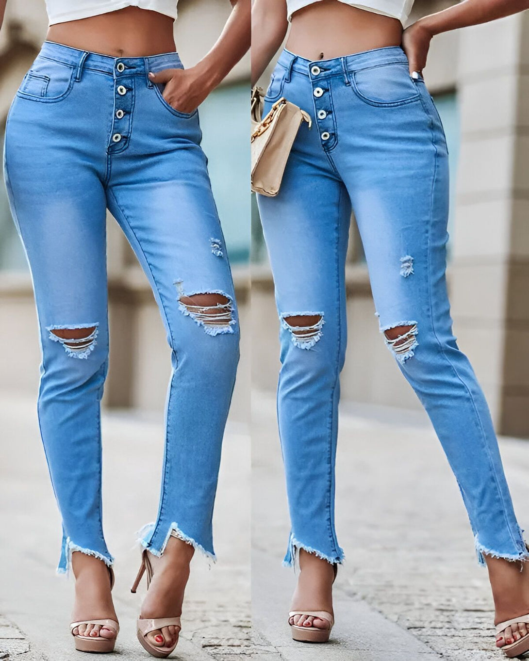 Une image de deux femmes portant un jean bleu déchiré. Les jeans ont des boutons sur le devant et sont déchirés au niveau des genoux. Les femmes portent des talons hauts et portent des sacs à main.