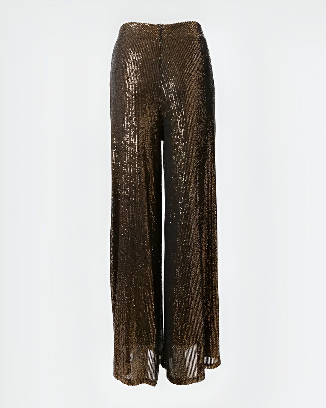 Une image d'un pantalon de soirée large et évasé, de couleur marron et or. Le pantalon est en sequins et possède une taille haute.