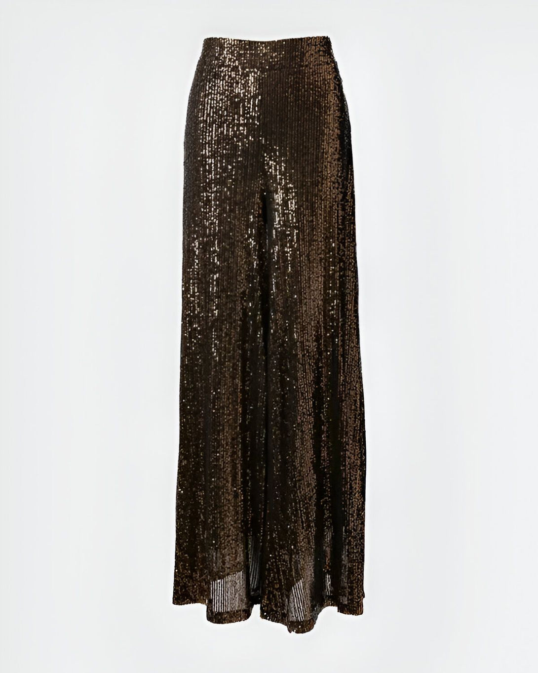 Une image d'un pantalon large et évasé, de couleur marron foncé, avec des paillettes dorées.