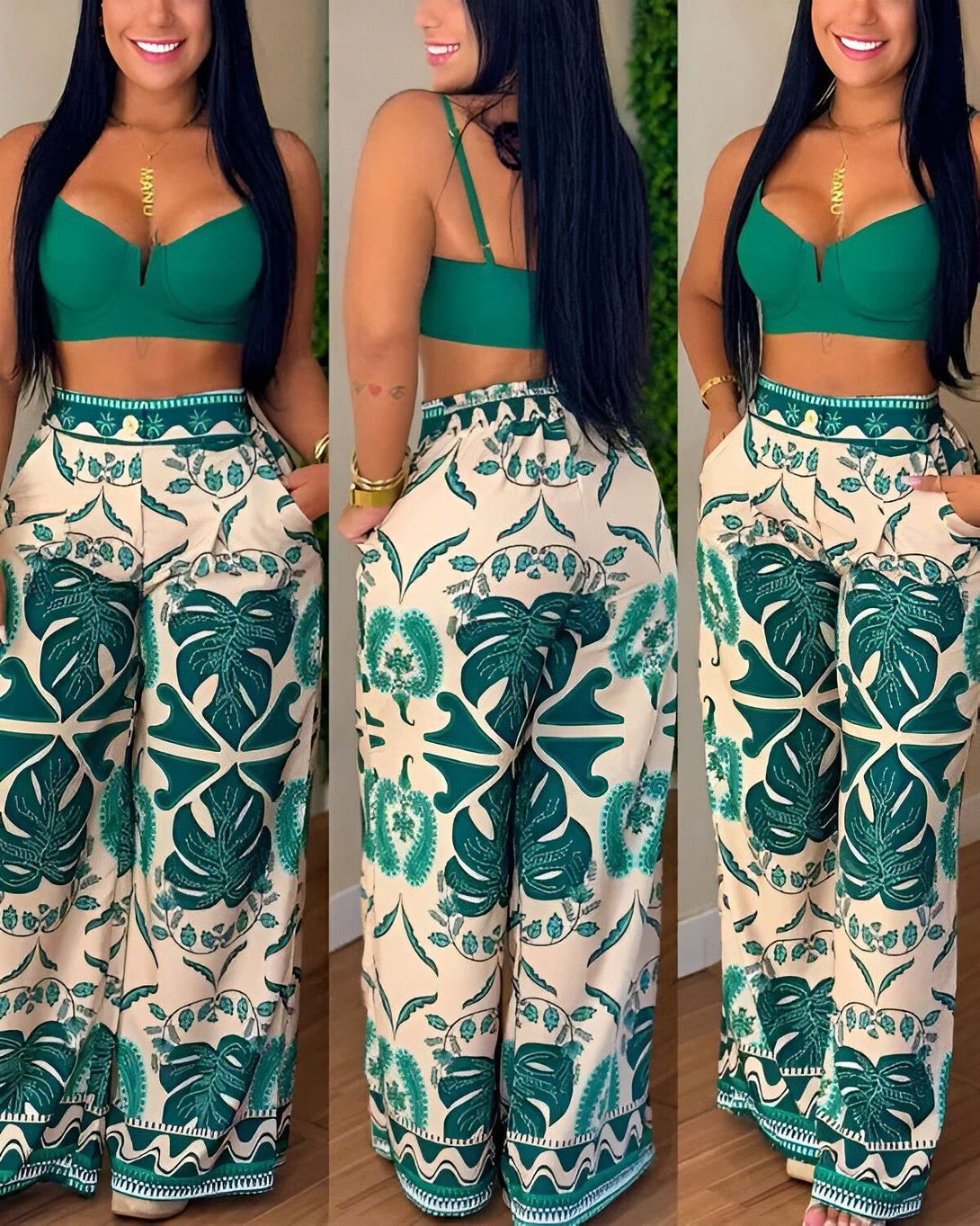 Une femme porte un pantalon taille haute vert et blanc à motifs de feuilles tropicales. Elle porte également un soutien-gorge vert.