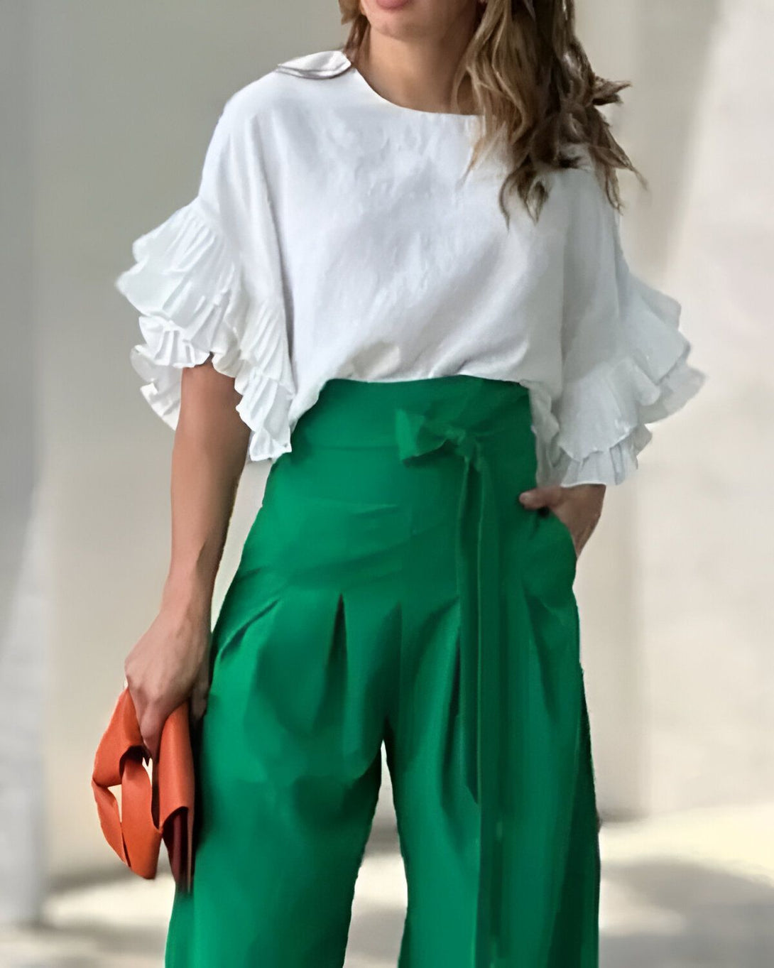 Pantalon large taille haute à détails noués