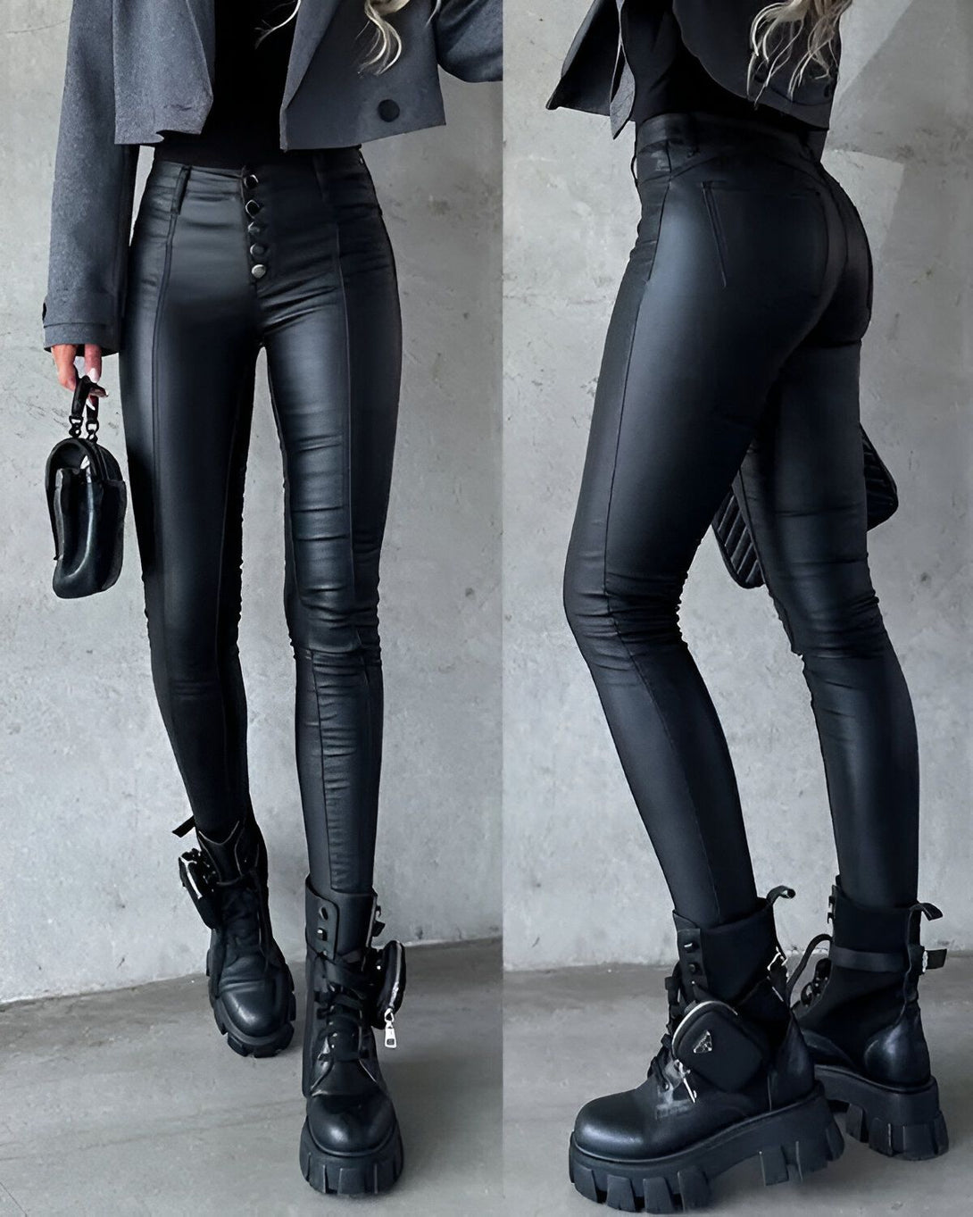 Une image d'une femme portant un pantalon en simili cuir noir et un blazer gris avec des boutons. Elle porte également des bottes noires à lacets.