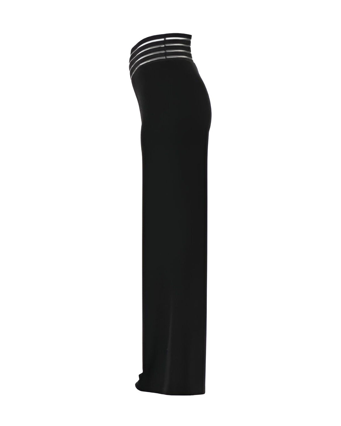 Une jupe longue noire avec une taille haute et des bandes transparentes à la taille.