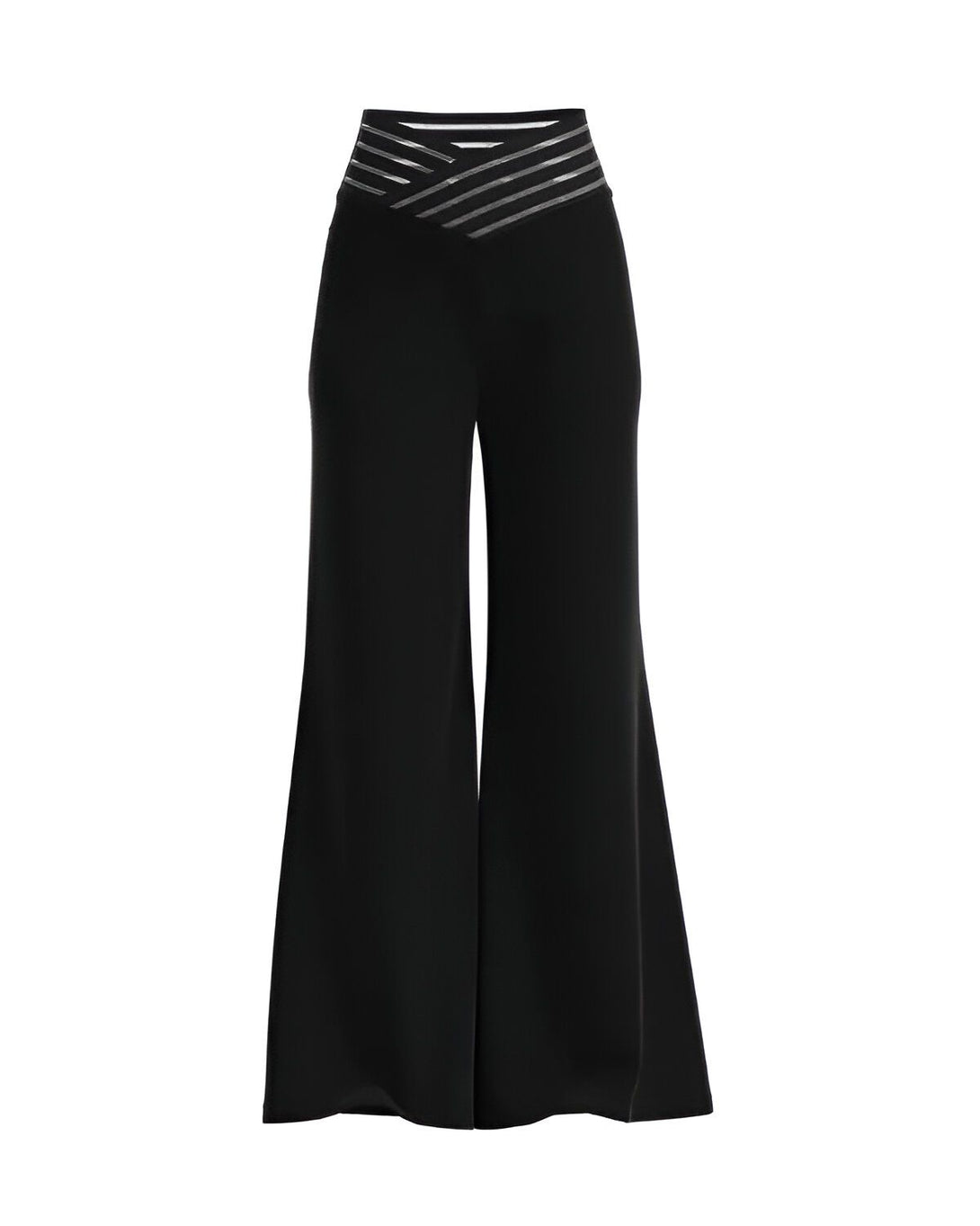 Le pantalon est noir et possède une taille haute. Il est évasé et possède une bande transparente au niveau de la taille.