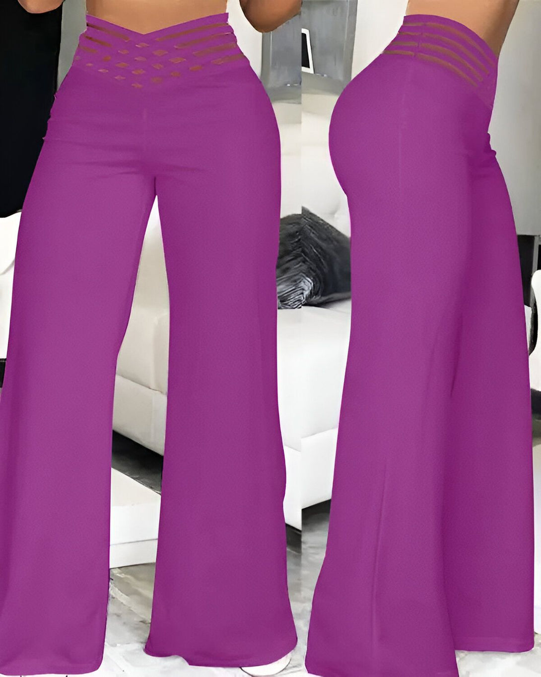Une image d'un pantalon large et évasé de couleur violet. Le pantalon est porté par une femme et est associé à un haut court noir. Le pantalon est taille haute et possède une ceinture croisée sur le devant.