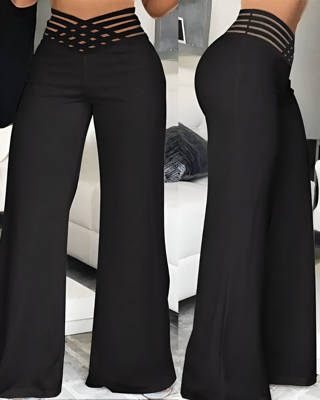 Une femme porte un pantalon taille haute noir avec une ceinture ajourée. Le pantalon est ample et évasé.