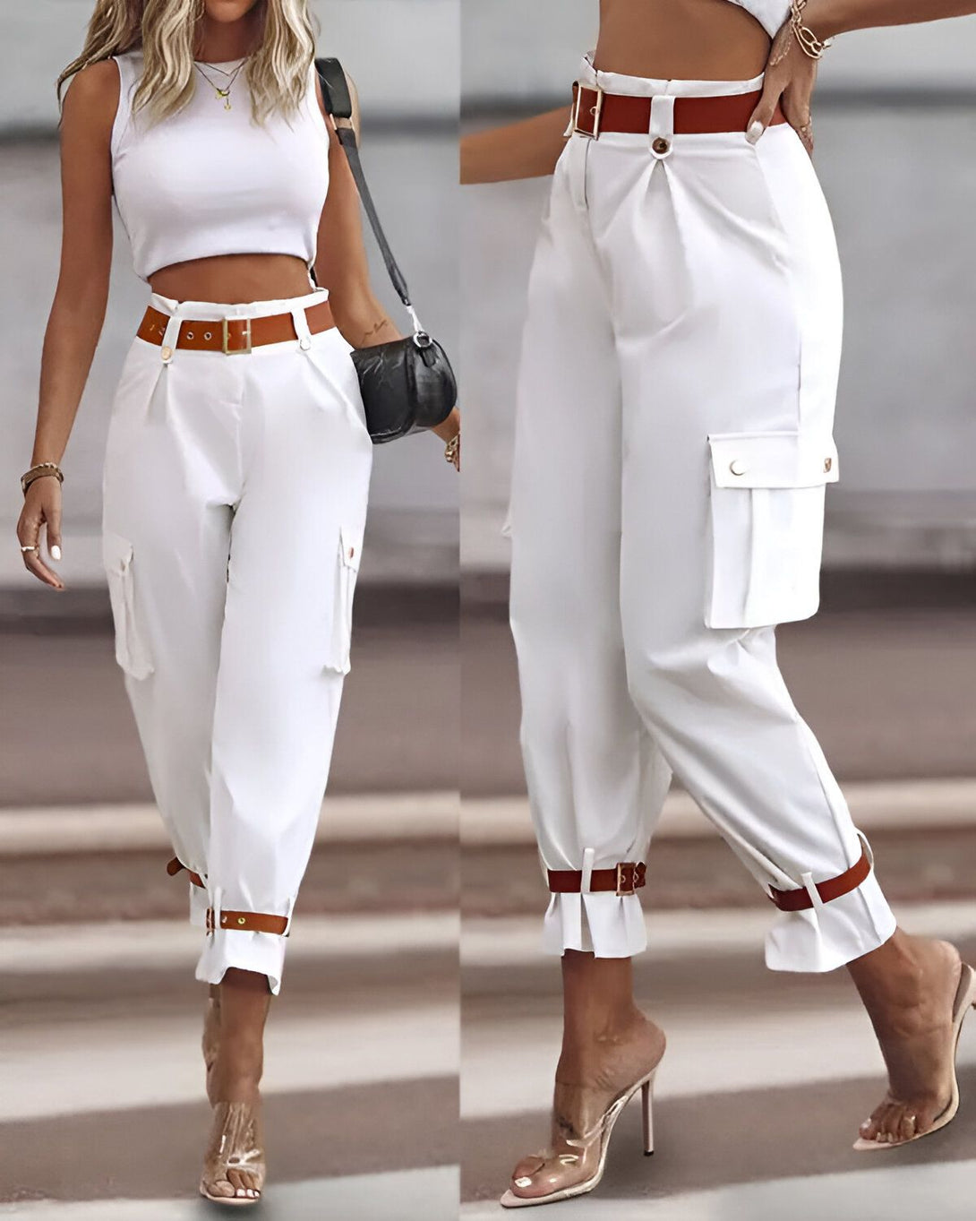 Une image de deux femmes portant un pantalon cargo blanc. Le pantalon est taille haute et possède des poches cargo sur les côtés. Il est également doté d'une ceinture marron. Les femmes portent le pantalon avec un haut blanc et des talons transparents.
