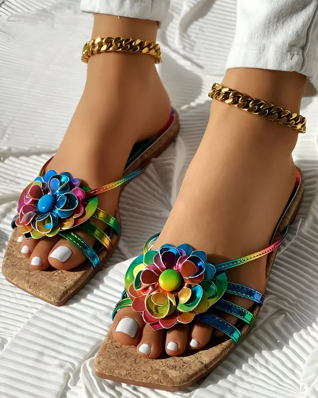 Une femme porte des sandales plates à fleurs colorées. Les sandales sont faites de lanières de cuir et ont une semelle en liège. La femme a les ongles des pieds peints en blanc et porte un bracelet de cheville doré.