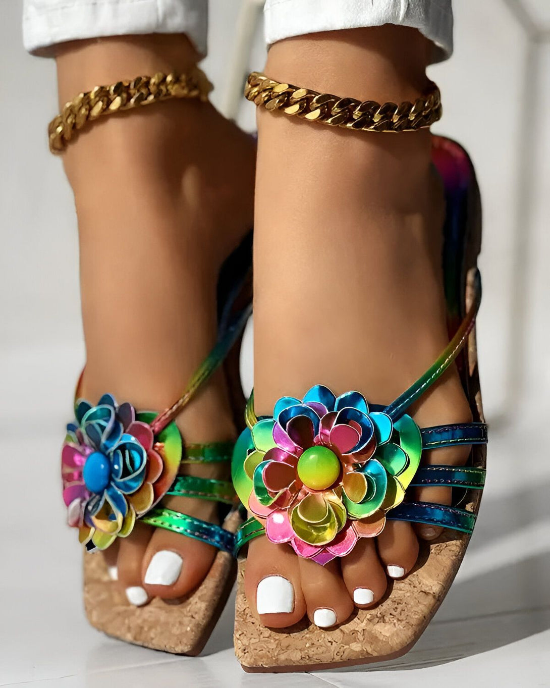 Une image de sandales plates à fleurs pour femmes. Les sandales sont de couleur arc-en-ciel et ont une bride à la cheville. Les fleurs sont de couleur rose, jaune, verte et bleue. Les sandales sont portées par une femme qui a les ongles des pieds peints en blanc.