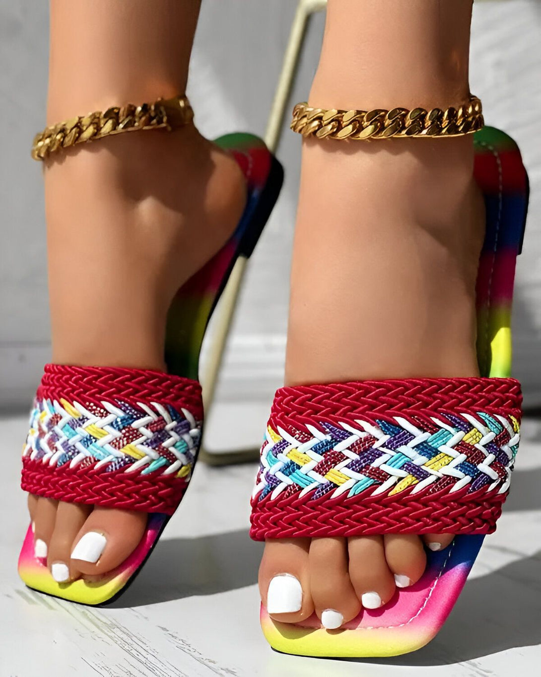 Une femme porte des sandales plates rouges, jaunes et vertes. Les sandales sont ornées d'un motif tissé et ont une semelle intérieure blanche. La femme a les ongles des pieds peints en blanc et porte des bracelets de cheville en or.