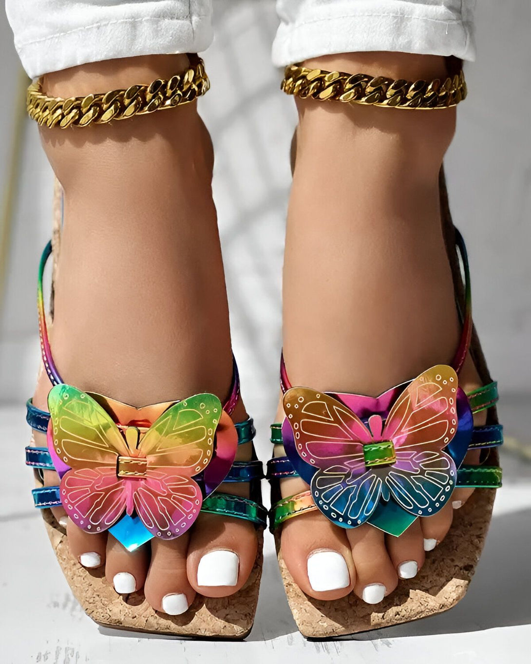 Une femme porte des sandales à talons compensés arc-en-ciel avec des papillons multicolores sur le devant. Elle porte également un pantalon blanc et des chaînes dorées aux chevilles.