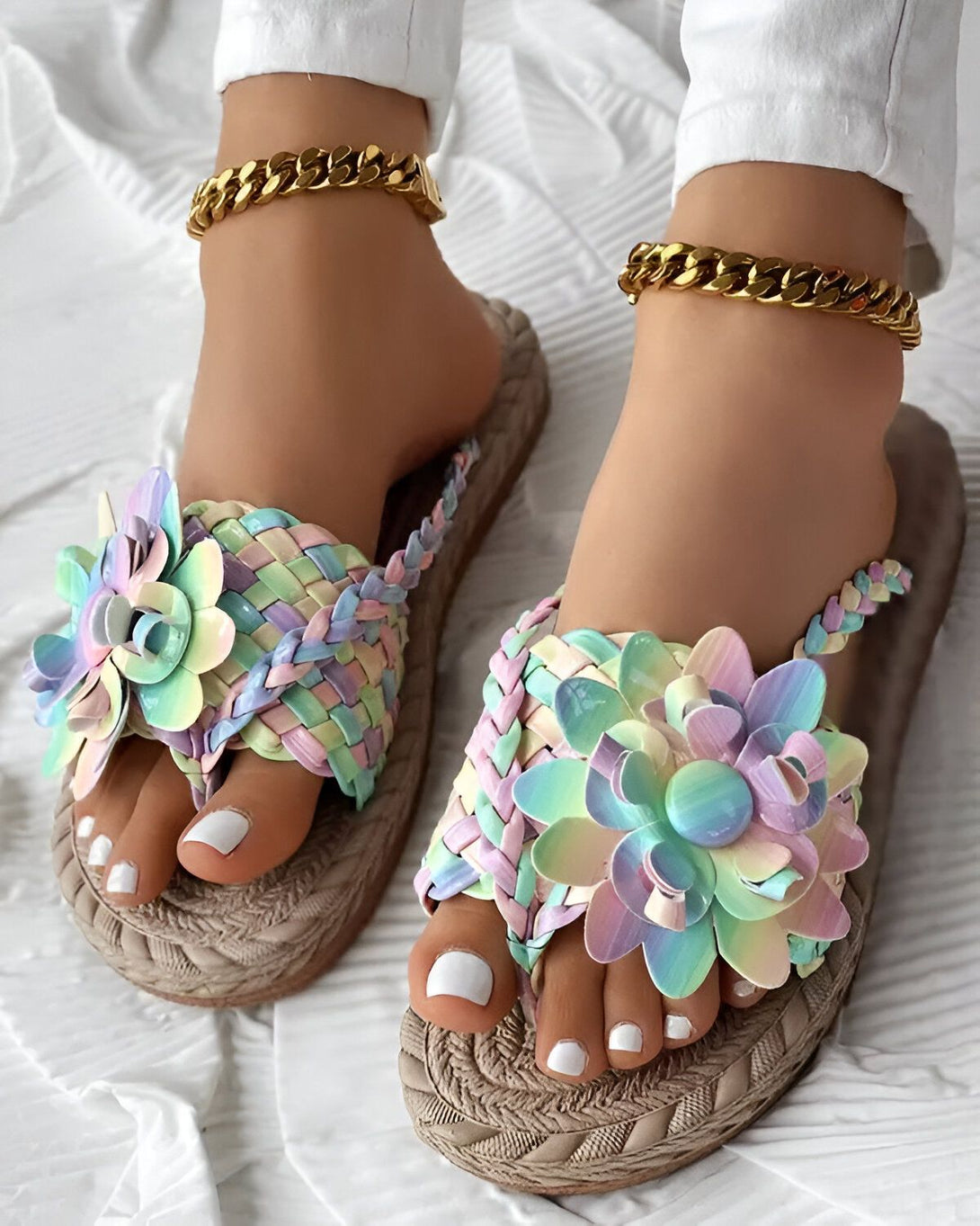 Une paire de sandales plates en osier avec des fleurs en plastique colorées sur le dessus. Les sandales sont portées par une femme qui a les ongles des pieds peints en blanc et qui porte un pantalon blanc et une cheville dorée.