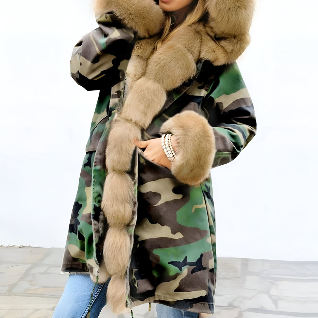 Parka Femme Fourrure Capuche Camo
