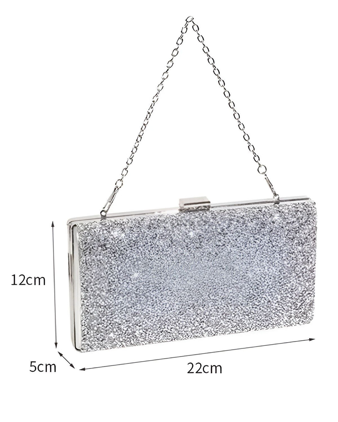 Une image d'une pochette de soirée argentée avec une chaîne. La pochette est ouverte et on peut voir l'intérieur. Il y a des dimensions écrites à côté de la pochette.