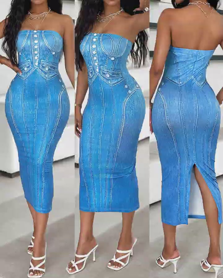 Video d'une femme portant : Robe moulante bandeau à imprimé effet denim