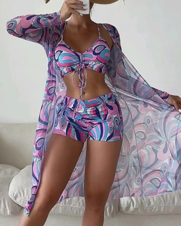 Video d'une femme portant : Ensemble de bikini à cordon de serrage 3PCS Allover Print avec Cover Up