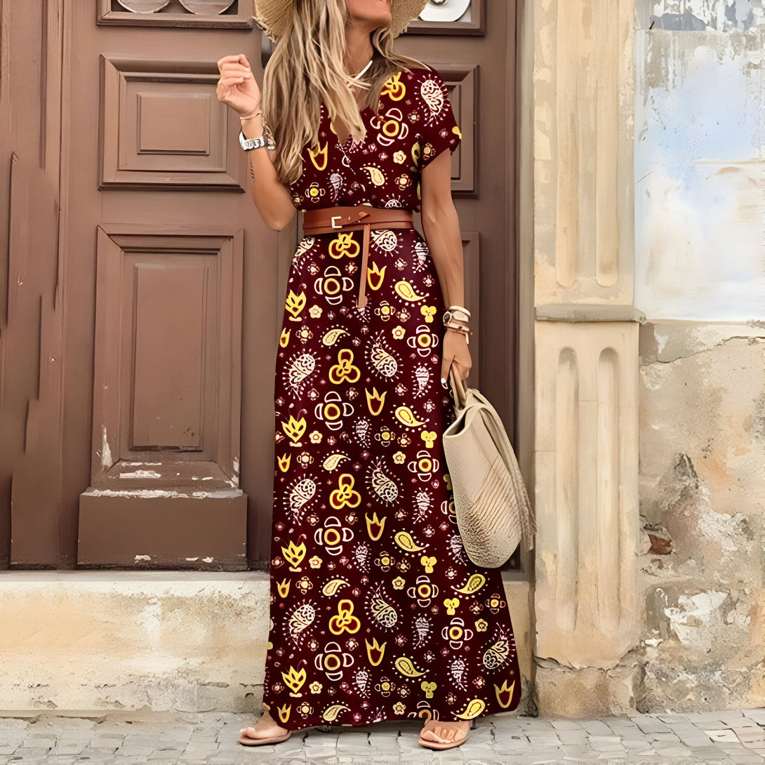 Robe Bohème Maxi Imprimée Col V
