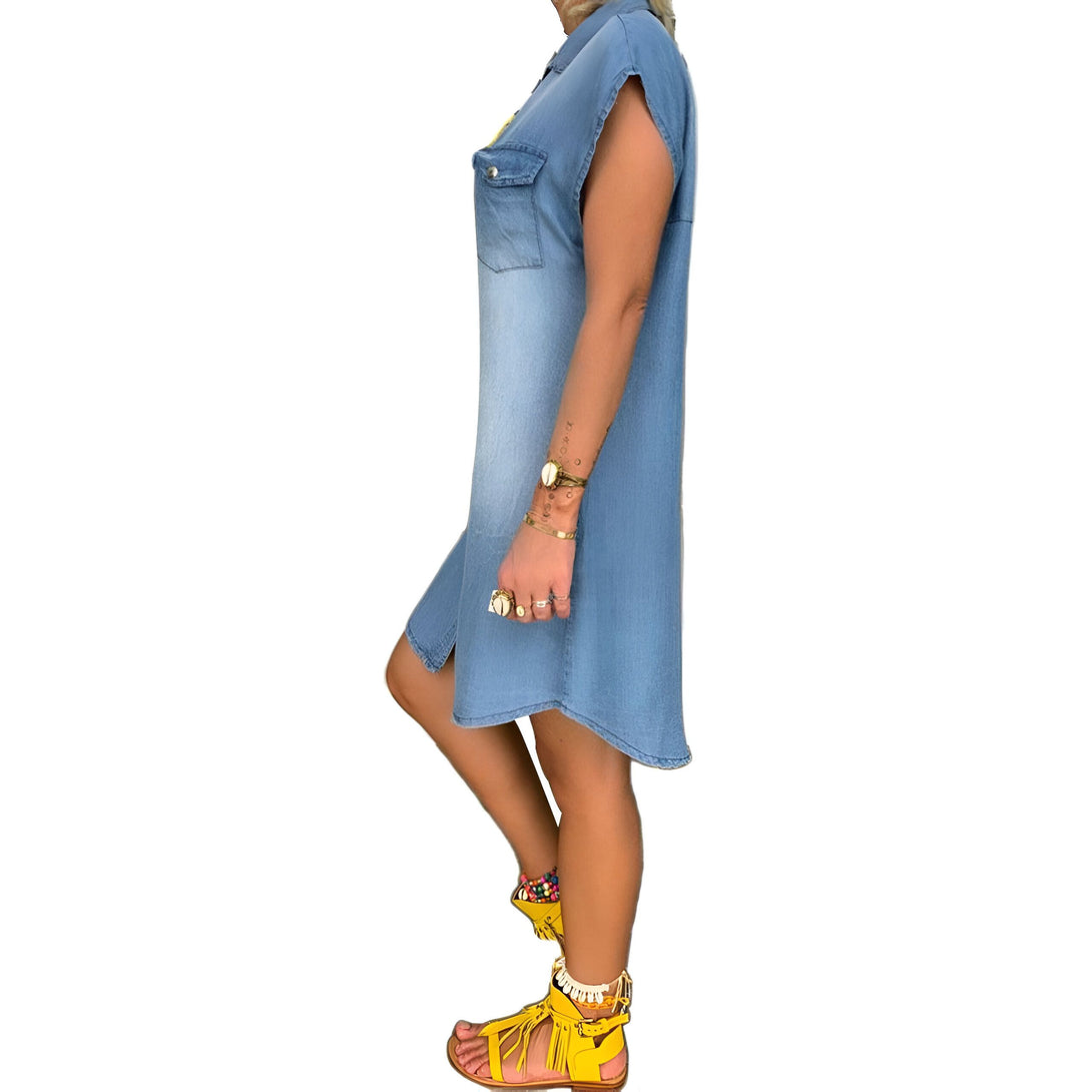 Robe chemise denim femme col V sans manches
