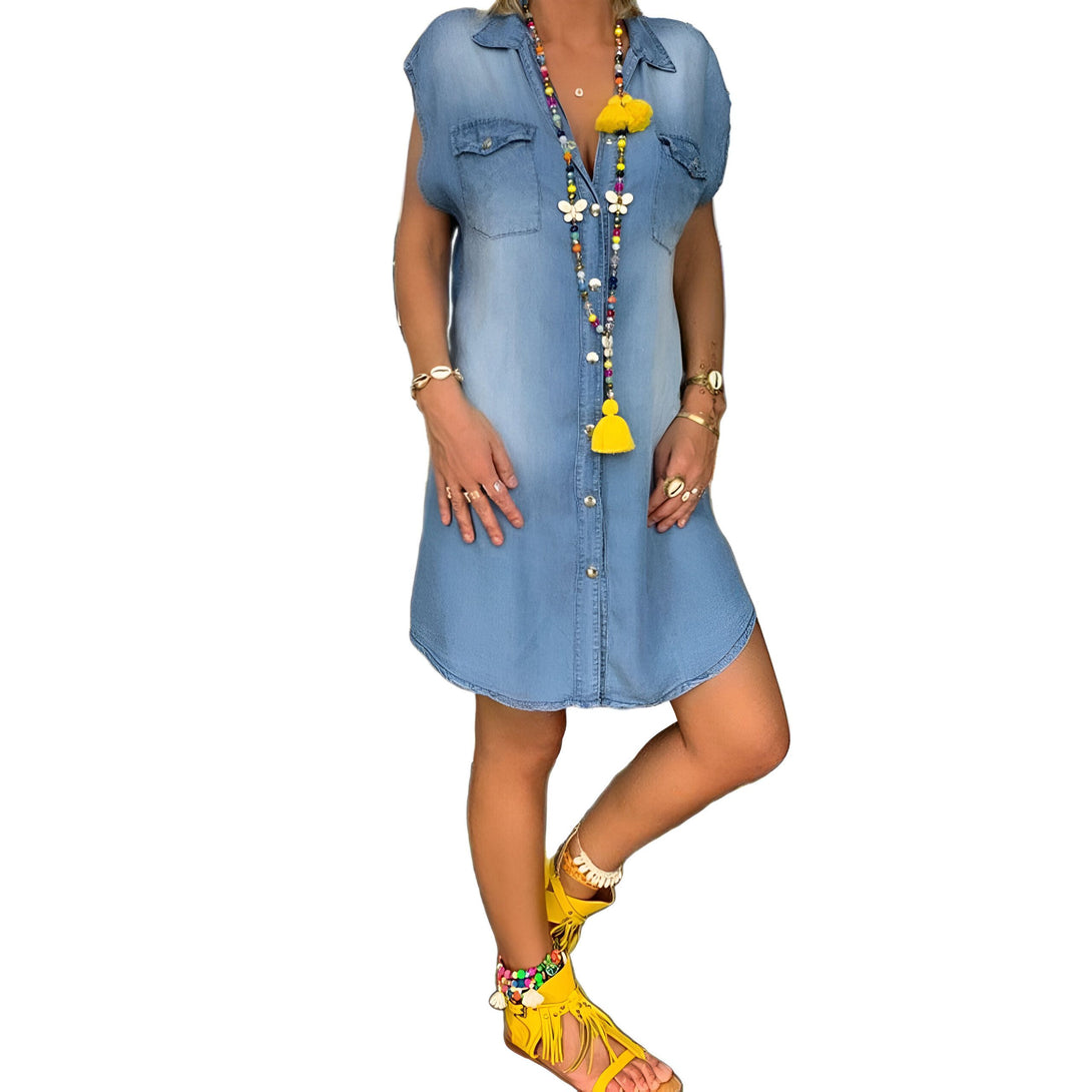 Robe chemise denim femme col V sans manches
