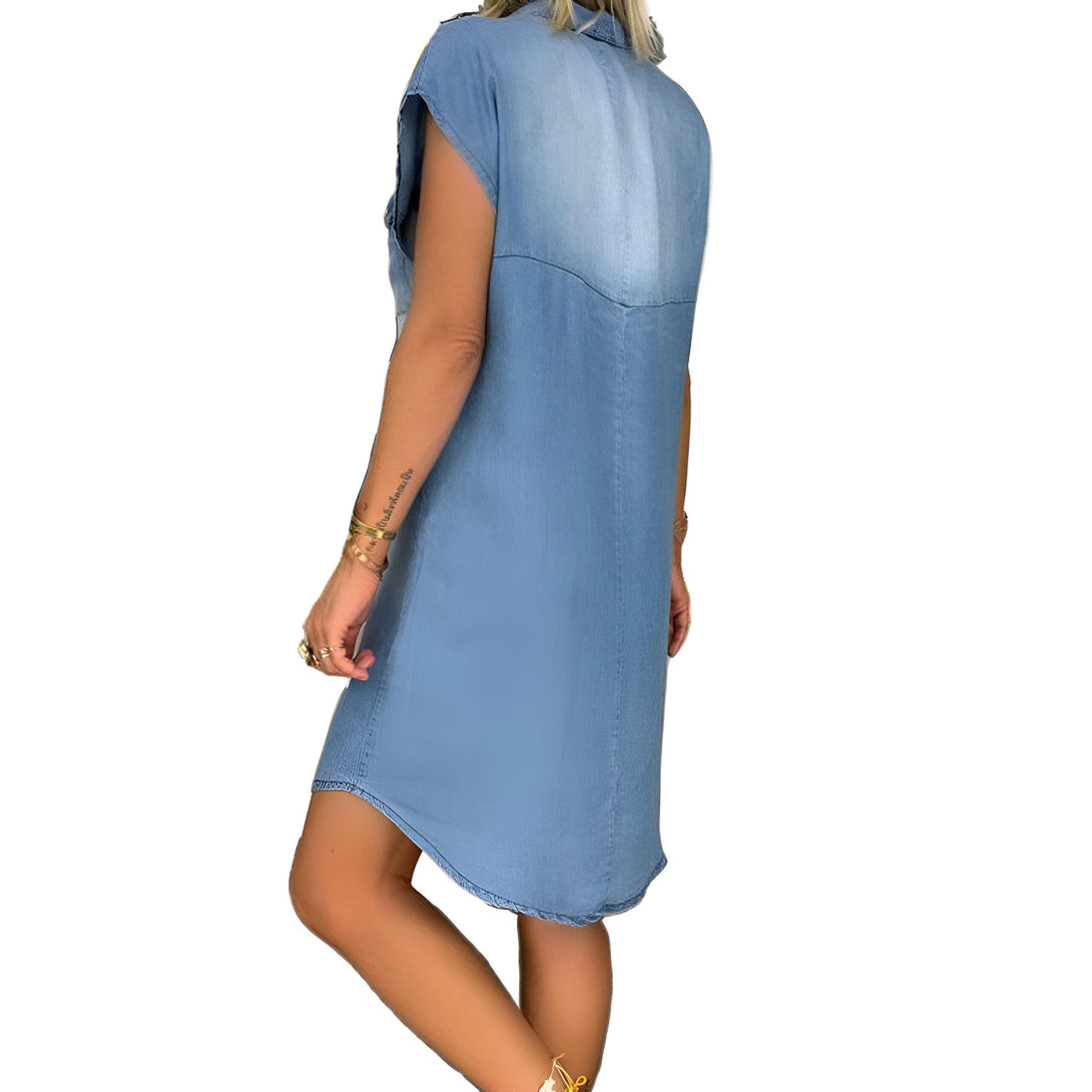 Robe chemise denim femme col V sans manches
