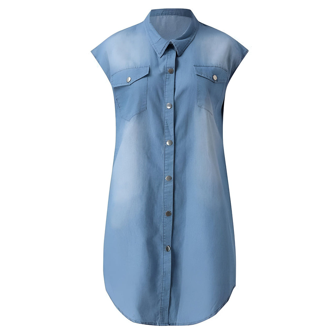 Robe chemise denim femme col V sans manches
