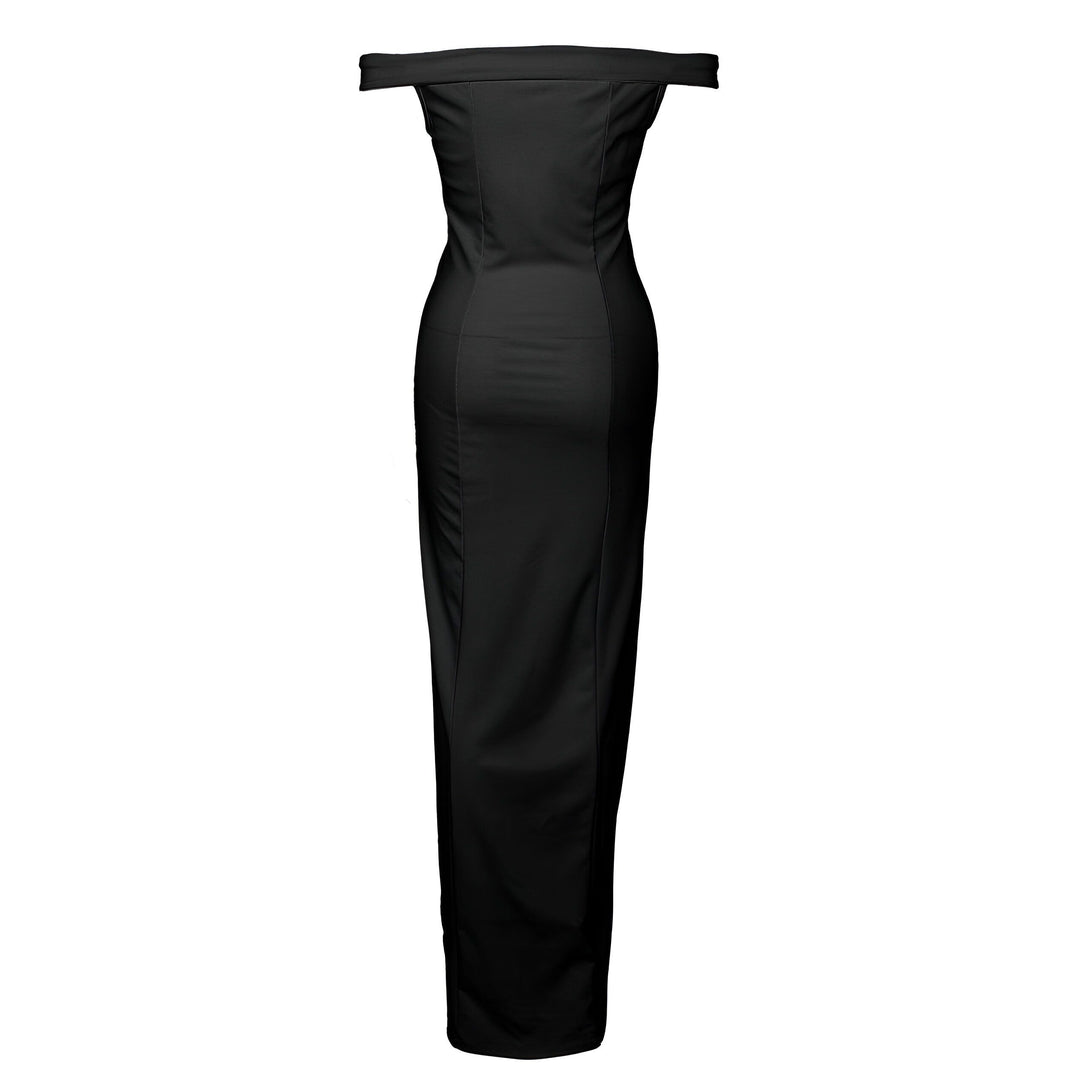 Robe de soirée longue noire fendue épaules dénudées
