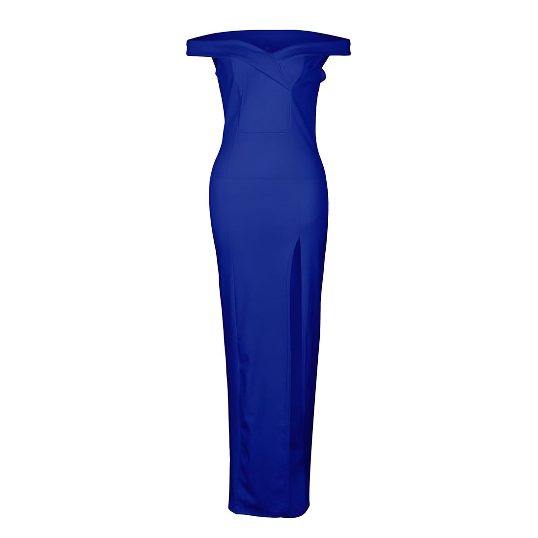 Robe de soirée longue noire fendue épaules dénudées
