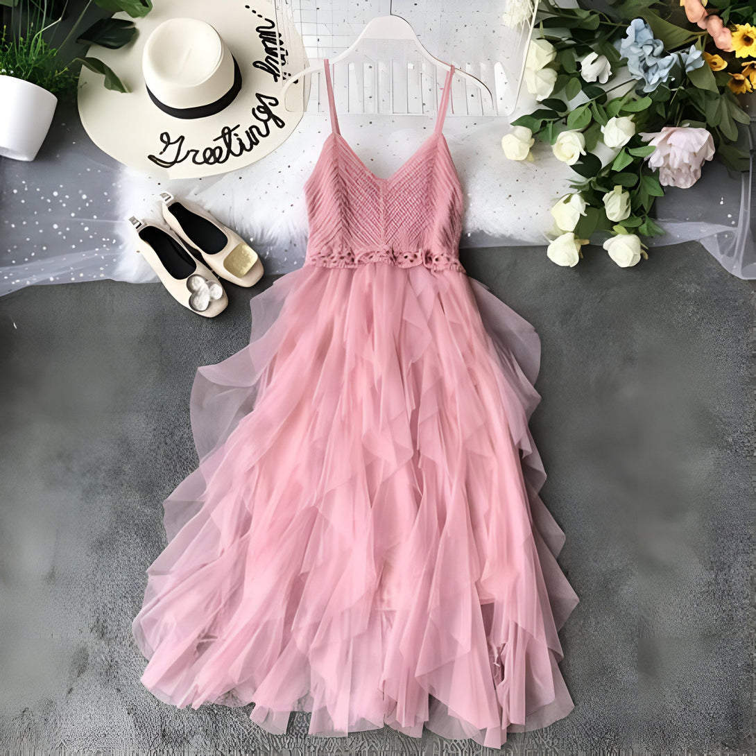 Robe longue en tulle rose - Style bohème chic
