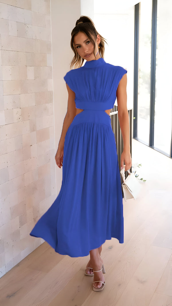 Robe mi-longue fendue col montant femme
