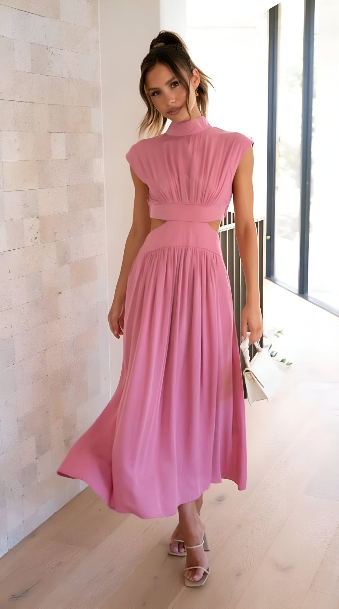Robe mi-longue fendue col montant femme

