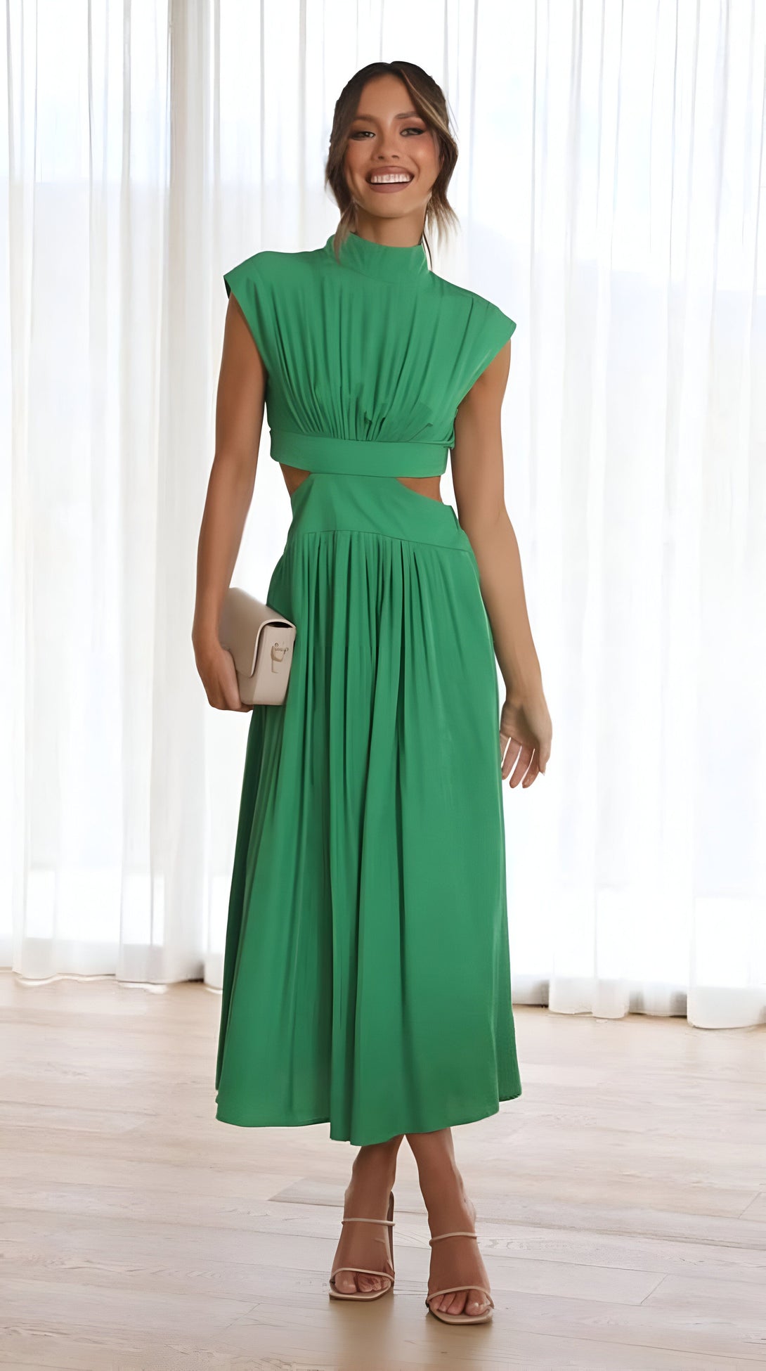 Robe mi-longue fendue col montant femme

