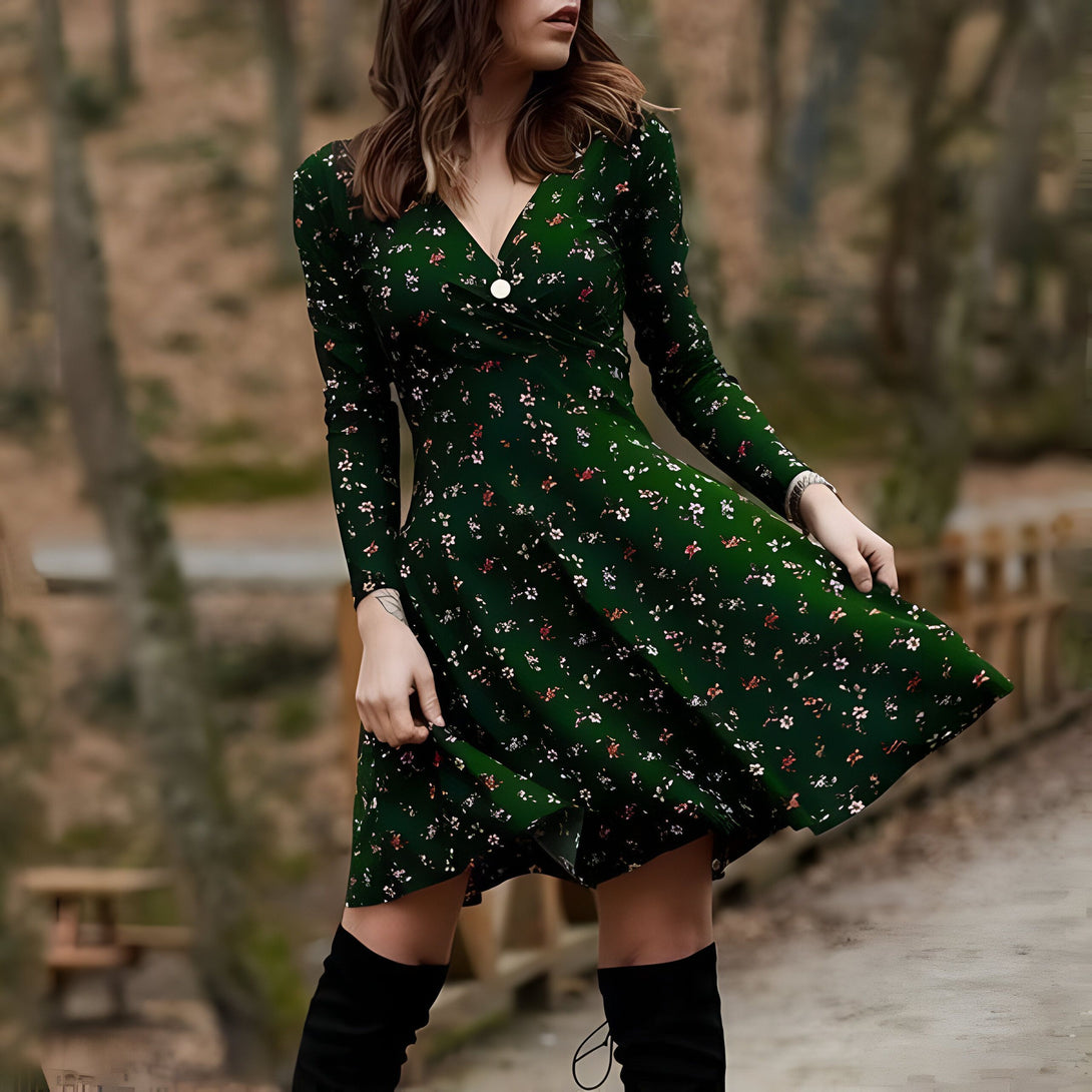 Robe mi-longue fleurie manches longues
