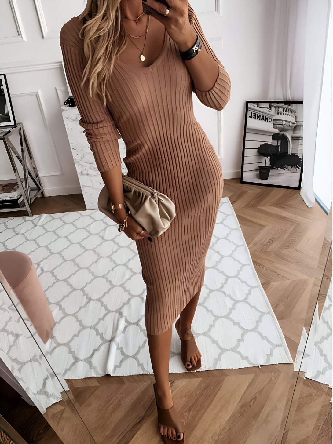 Robe Pull Femme Col V Côtelée Automne Hiver

