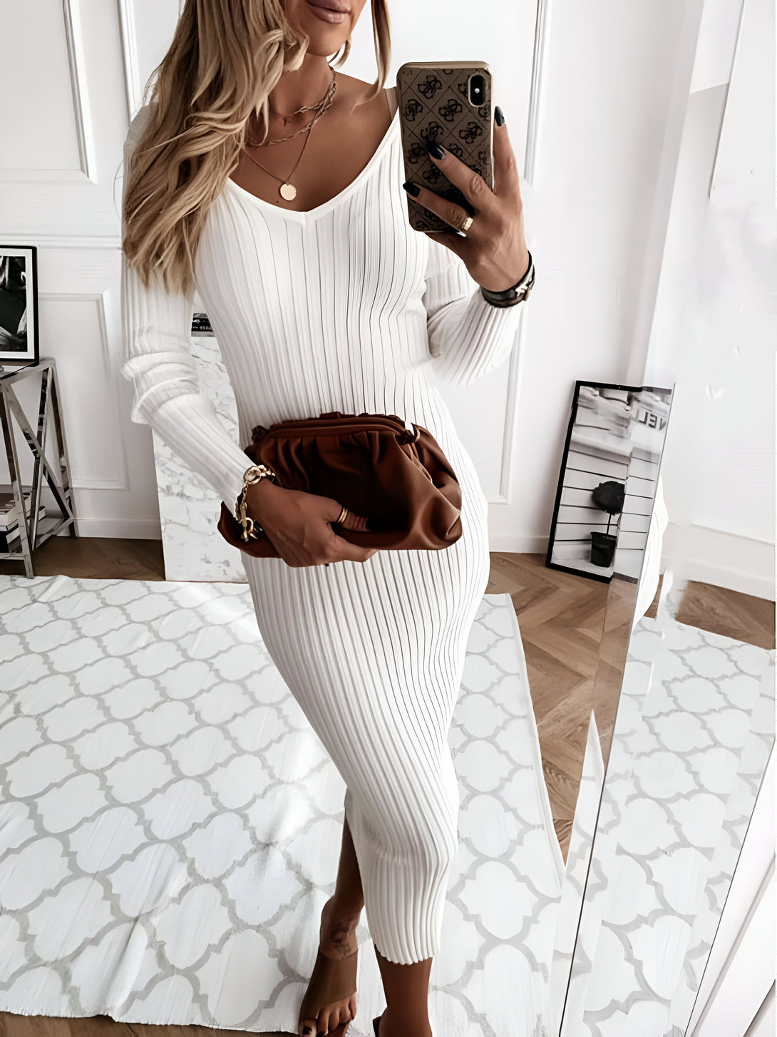 Robe Pull Femme Col V Côtelée Automne Hiver
