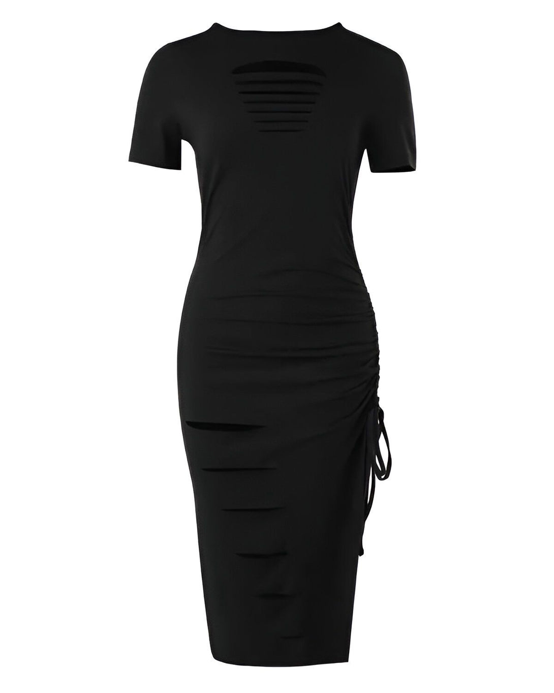 Une robe noire moulante avec des déchirures au niveau du buste et des cuisses. La robe est courte et possède des manches courtes.