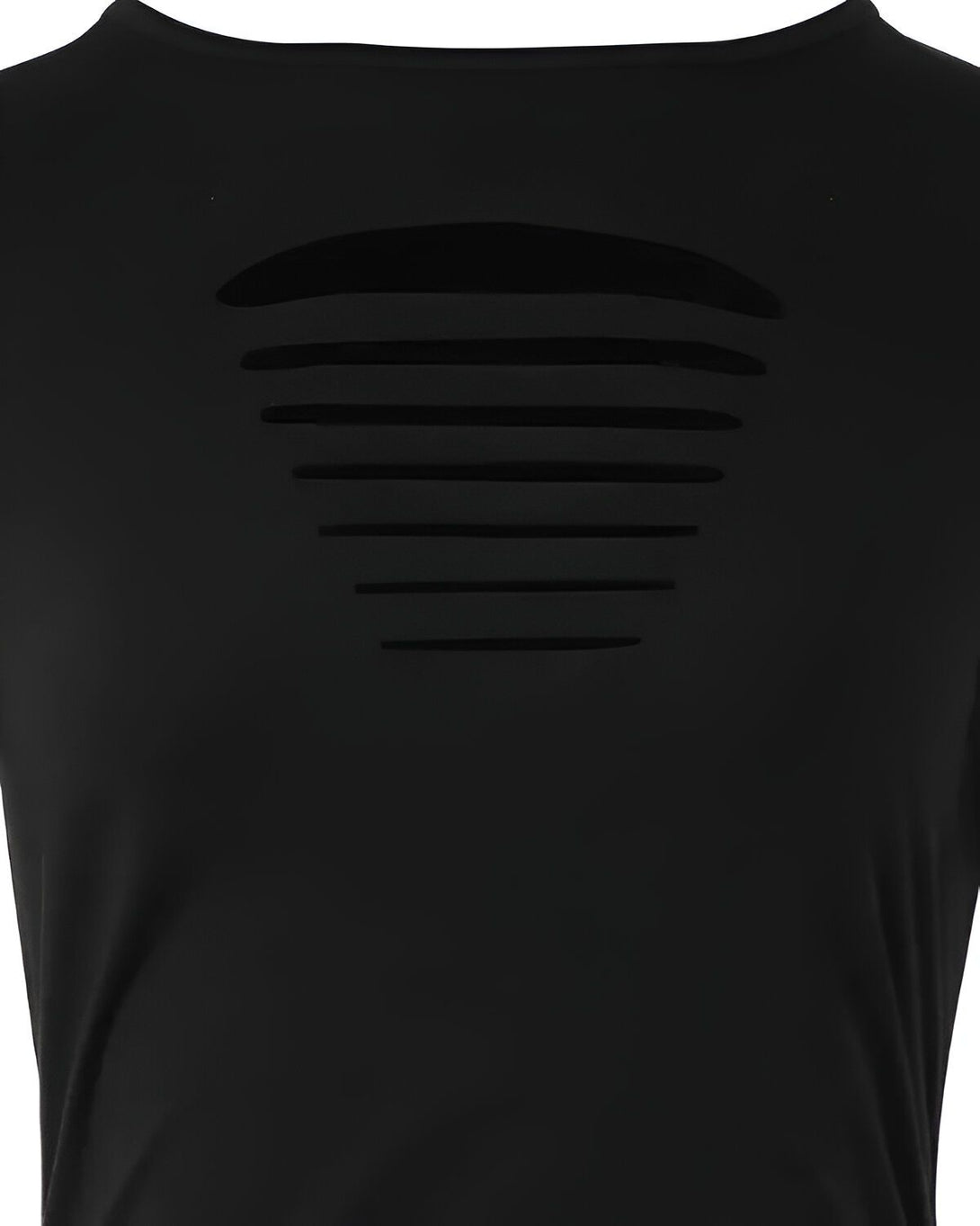 Une image d'un t-shirt noir avec des trous en forme de demi-lune dans le dos.