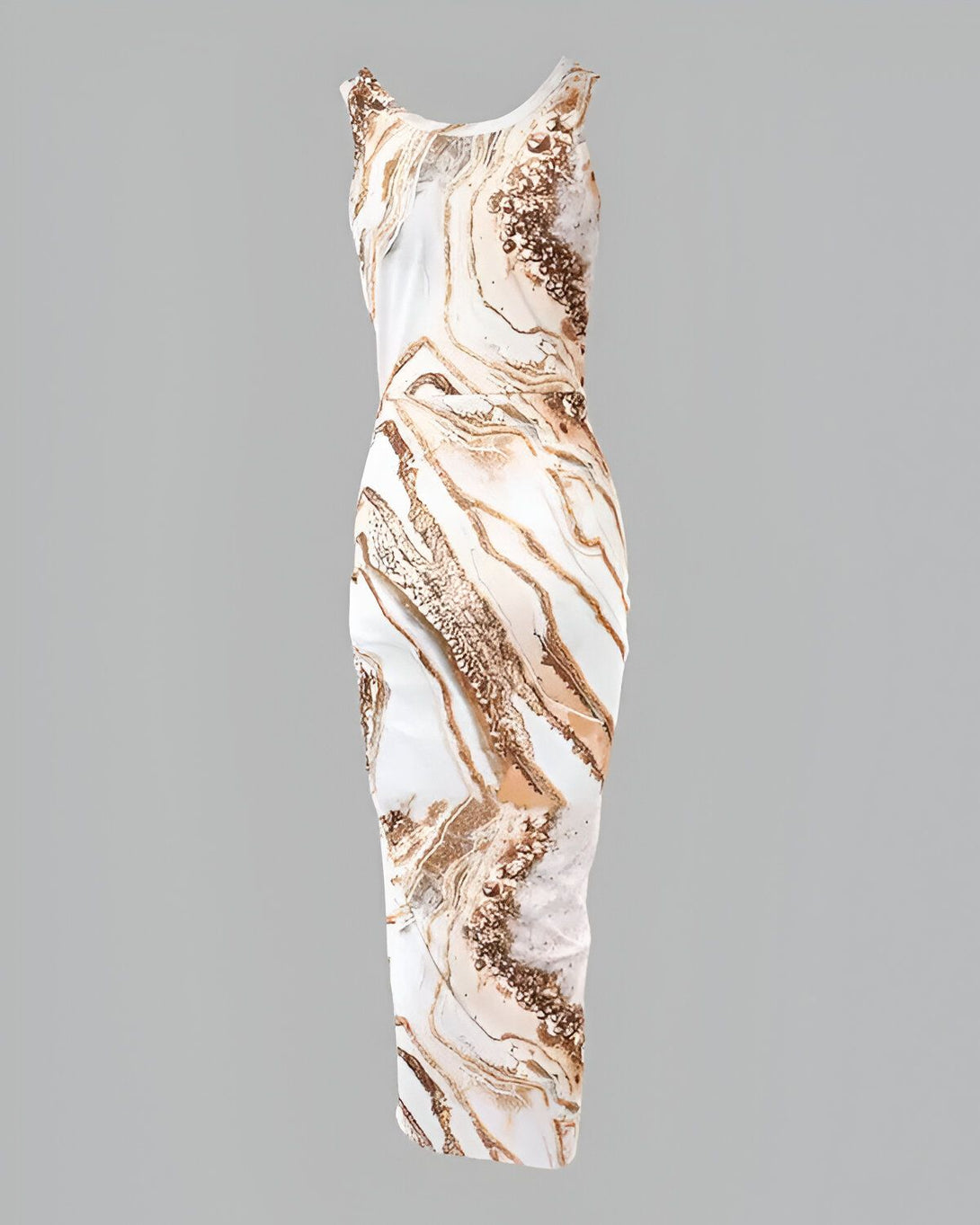 Une robe moulante marron et blanche avec un motif marbré.
