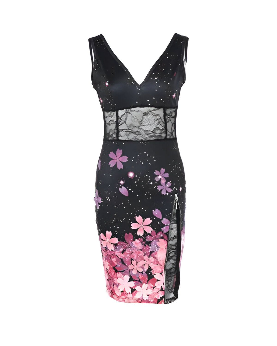 Une robe noire moulante avec un décolleté en V et des bretelles fines. La robe est imprimée de fleurs roses et blanches.