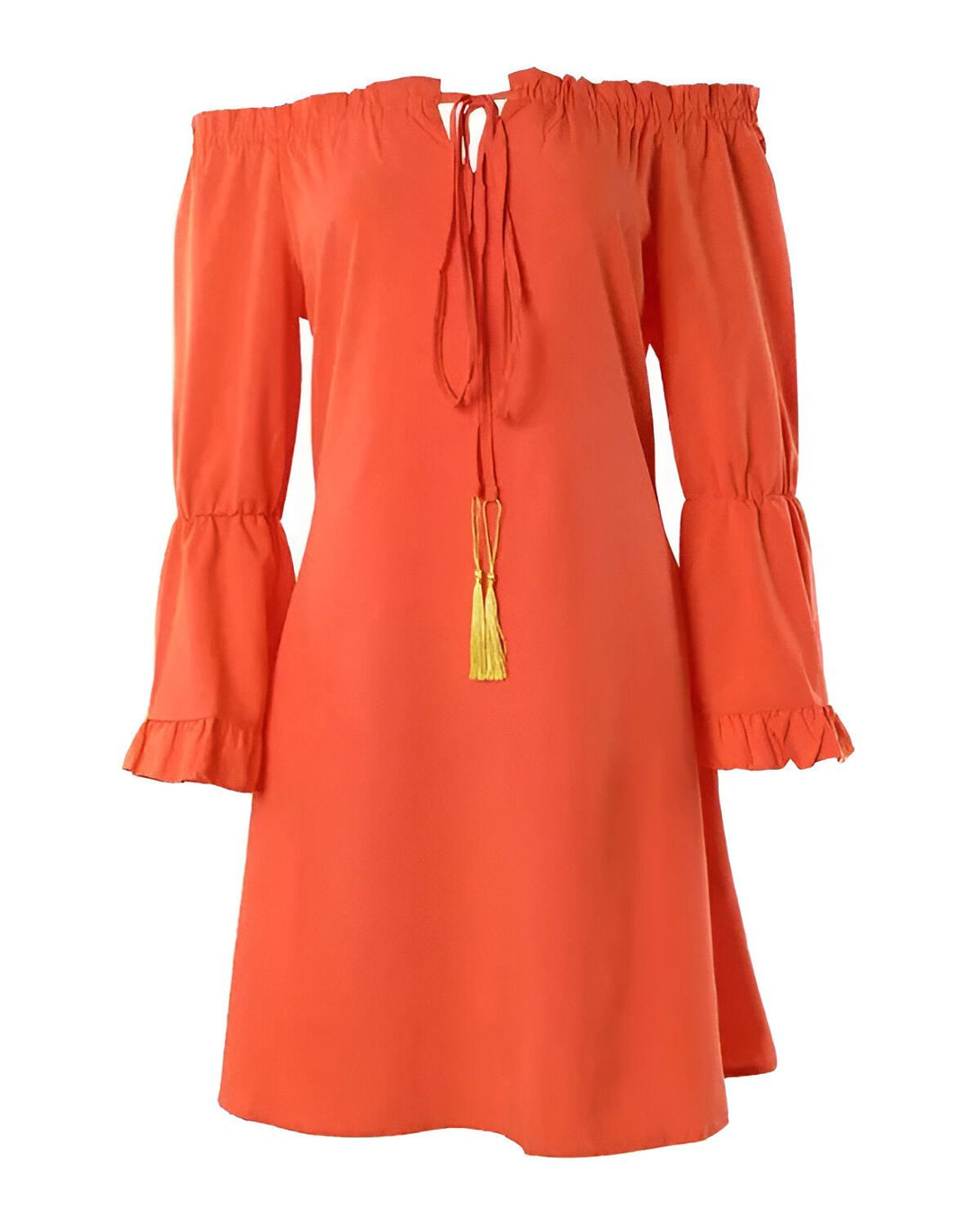 Une image d'une robe orange à épaules dénudées avec des manches bouffantes et un lien à nouer au niveau du cou.