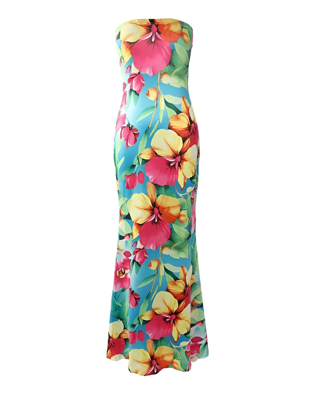 Une robe longue et moulante sans bretelles à motif floral coloré.