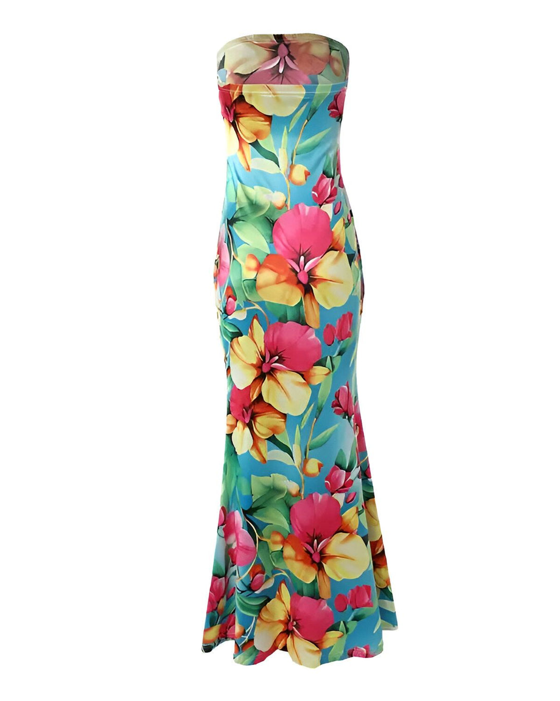 Une robe longue et moulante sans bretelles à imprimé floral coloré.