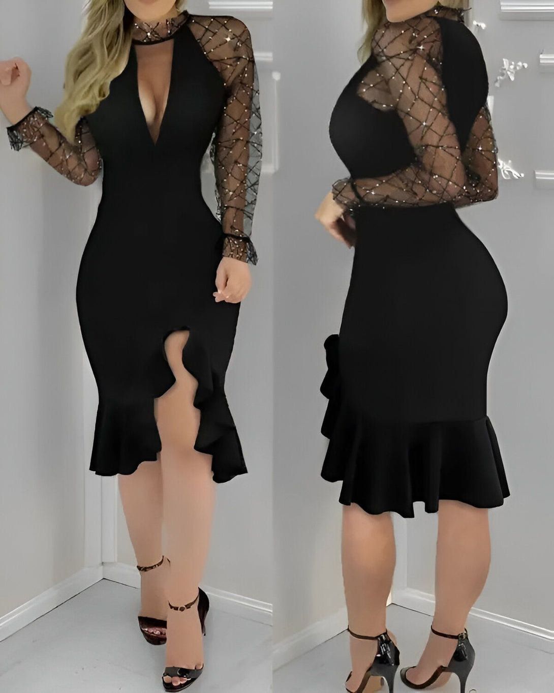 Une femme porte une robe noire moulante avec une fente sur la cuisse et des manches longues en résille.